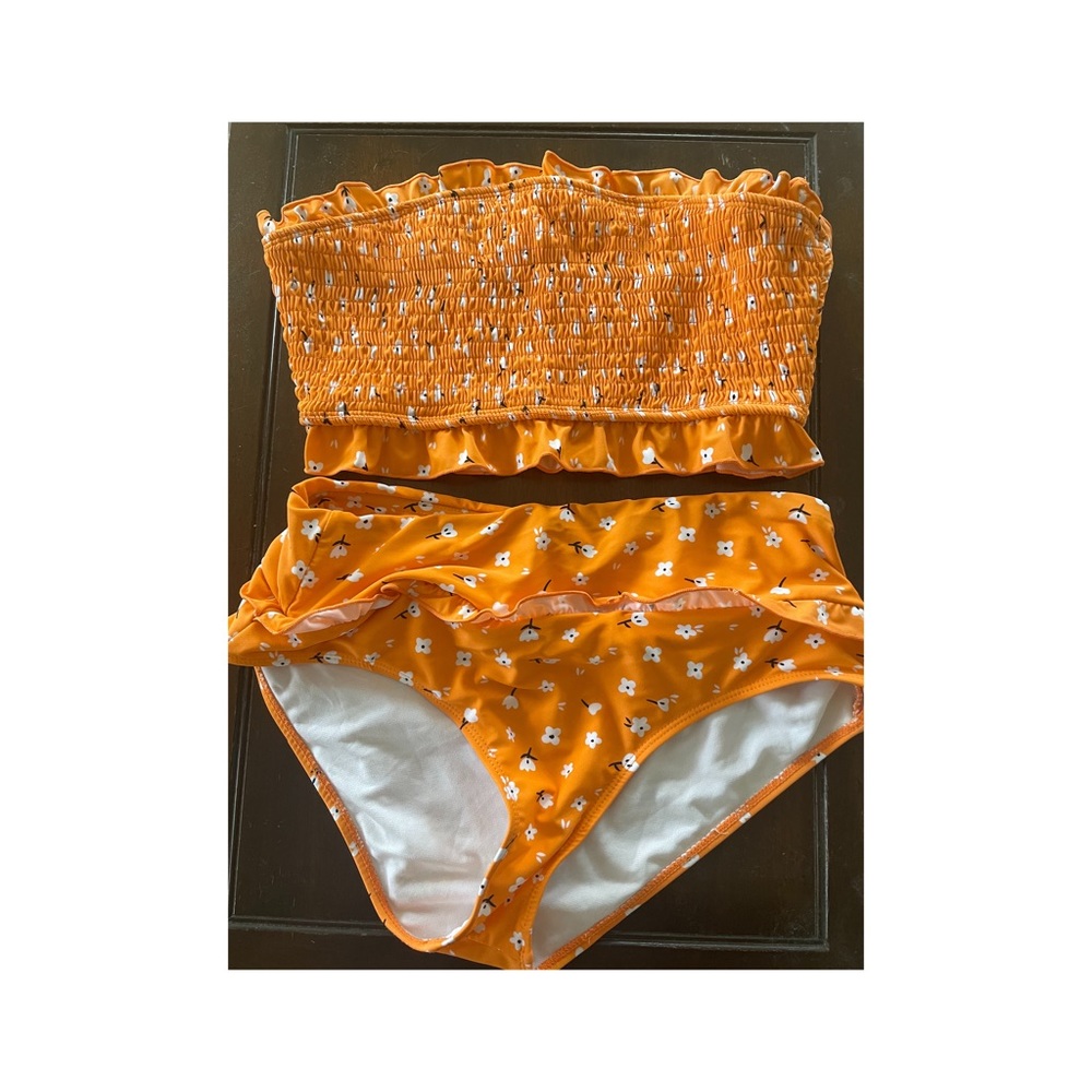 Orange floral print smocked bikini